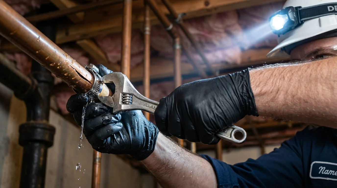 Emergency pipe clamp repair being performed by a Johns Plumbing LLC plumber in Gold Canyon