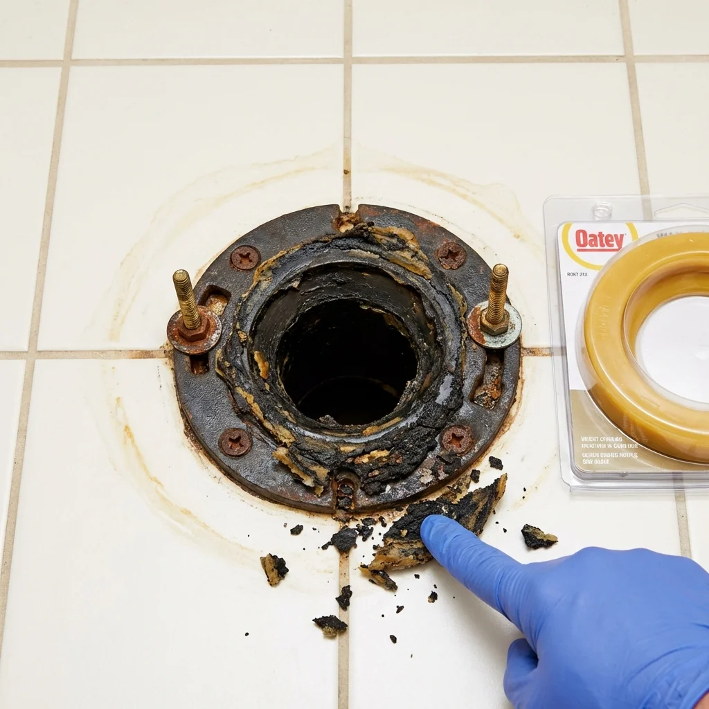 Failed wax ring showing water seepage at the base of a toilet in a Gold Canyon, AZ home