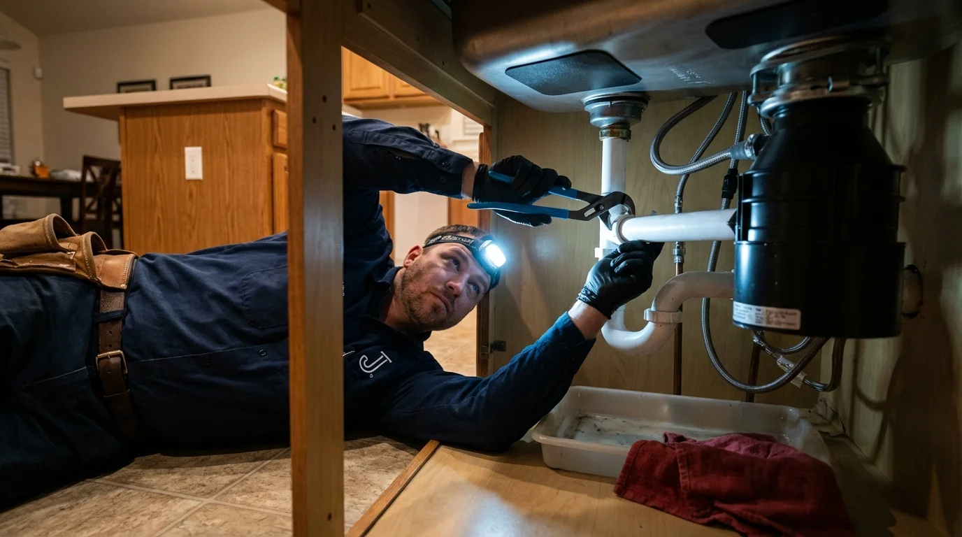 P-trap and supply line connections under a kitchen sink showing a common leak point in Gold Canyon, AZ